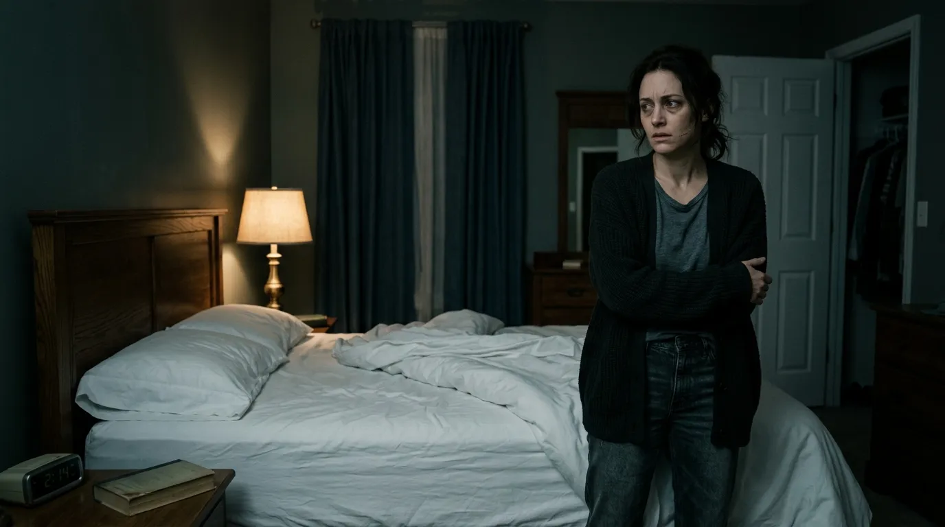 A dimly lit bedroom with a troubled woman looking suspiciously at a mattress