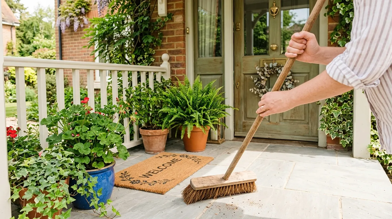 A person calmly sweeping a tidy front porch