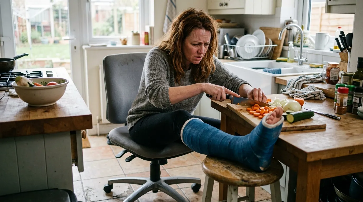 A woman in her 40s with a cast on her leg sitting on a rolling office chair in a kitchen, chopping vegetables with a pained expression.