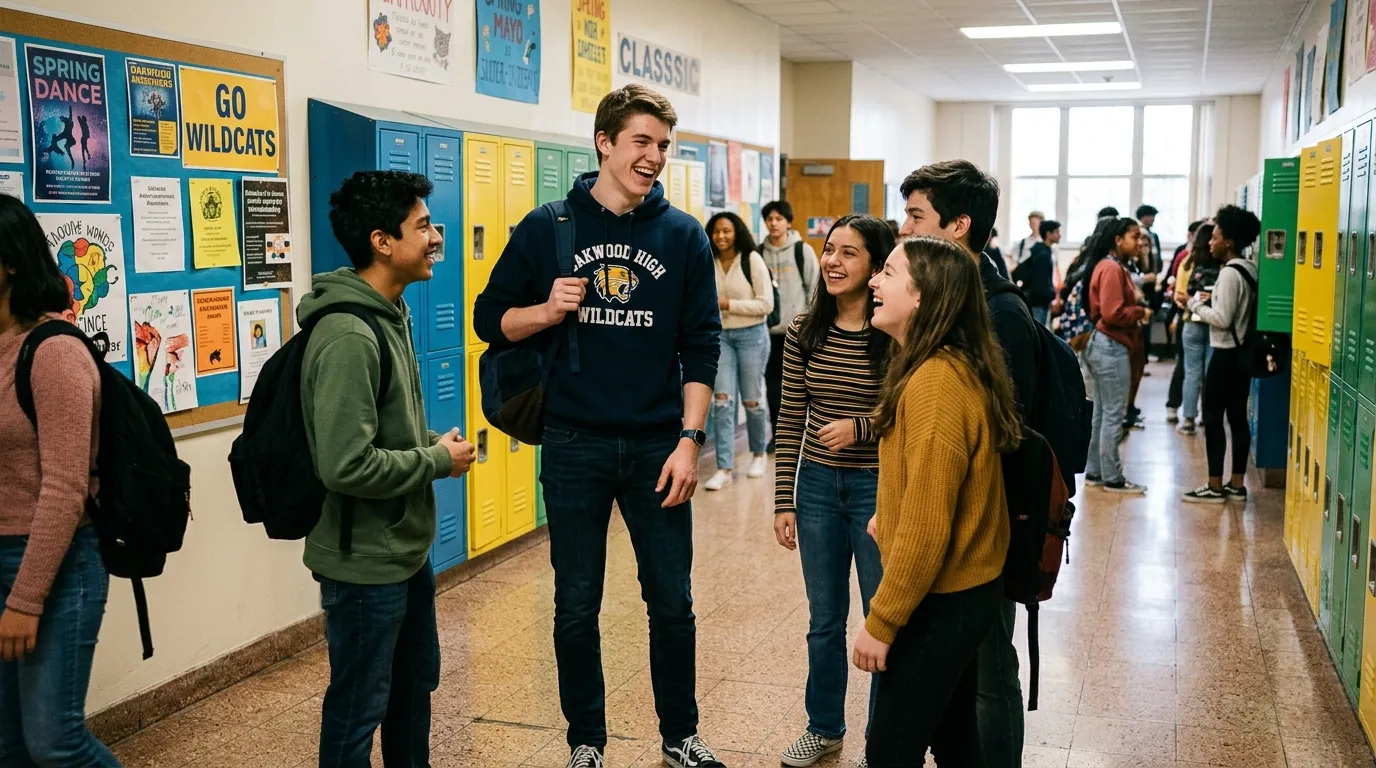A tall teenage boy smiling and chatting amiably with his classmates in a bright school hallway.