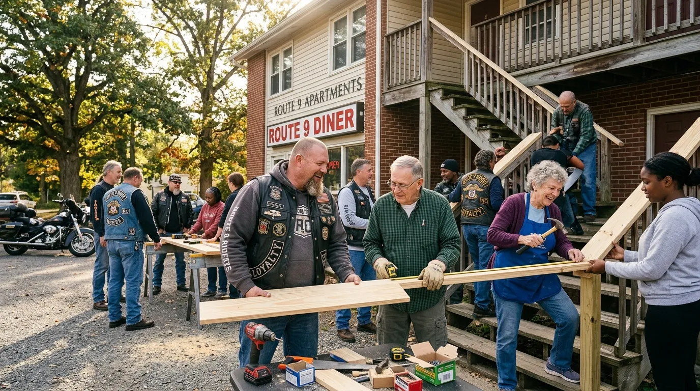 A wide photograph shows diverse people—bikers and town locals—working together to repair an exterior apartment staircase in afternoon sunlight.