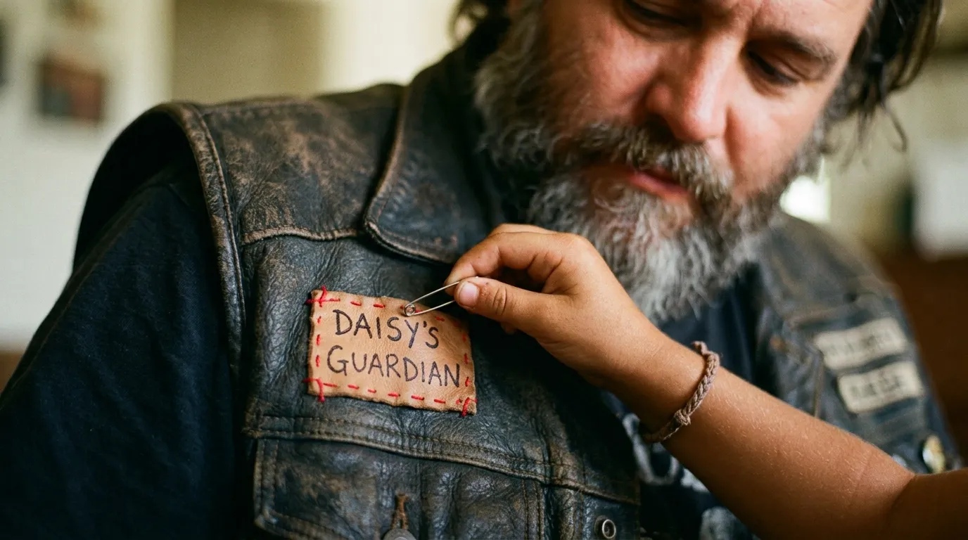 An intimate close-up focused on a child's small hand pinning a handmade leather patch that reads 'DAISY'S GUARDIAN' in red thread onto the worn leather vest of a biker.