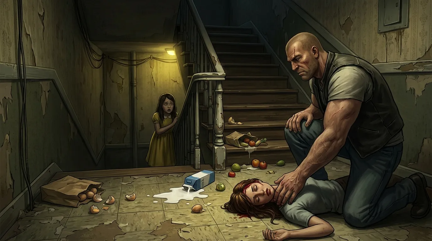 Biker Tank Reeves kneels and checks the pulse of an unconscious woman in a dimly lit apartment stairwell, while groceries are scattered around.