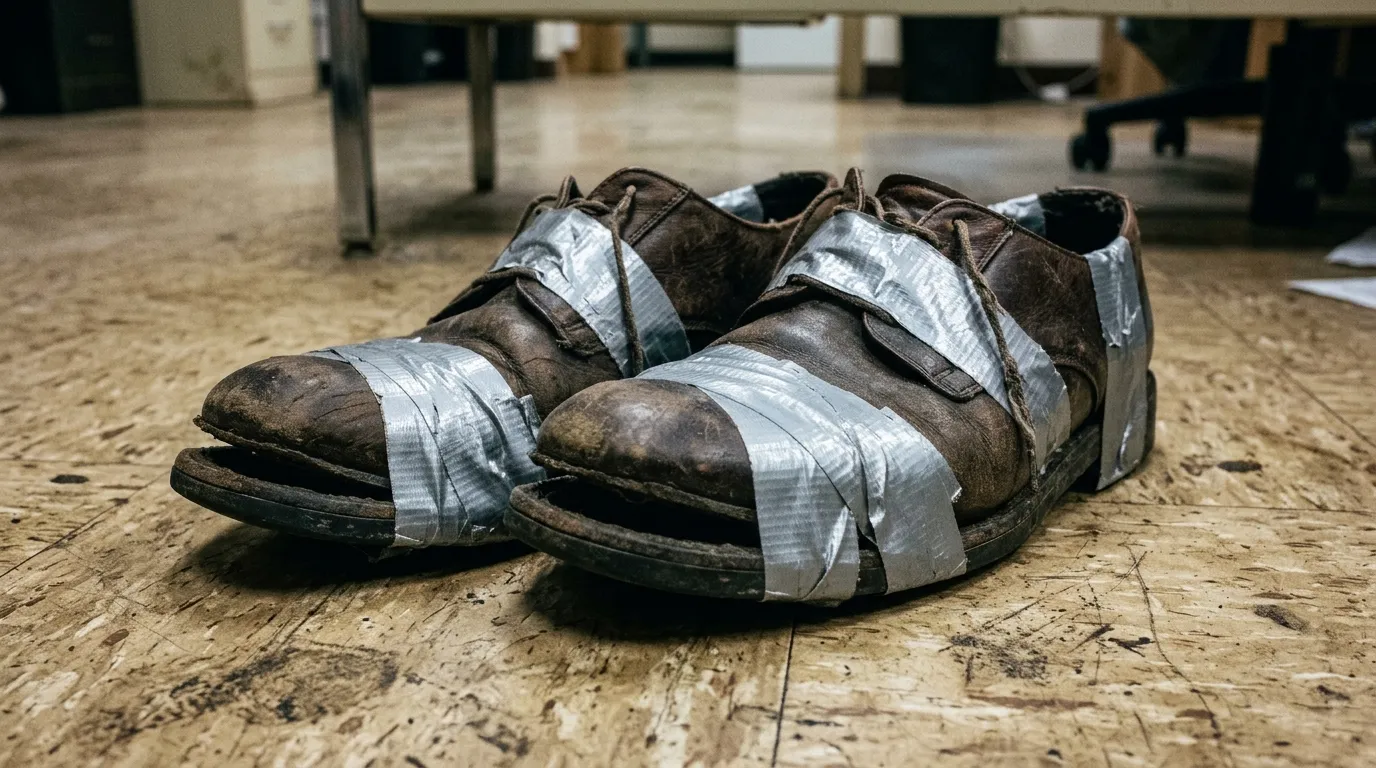 Old leather shoes wrapped in silver duct tape on a linoleum floor