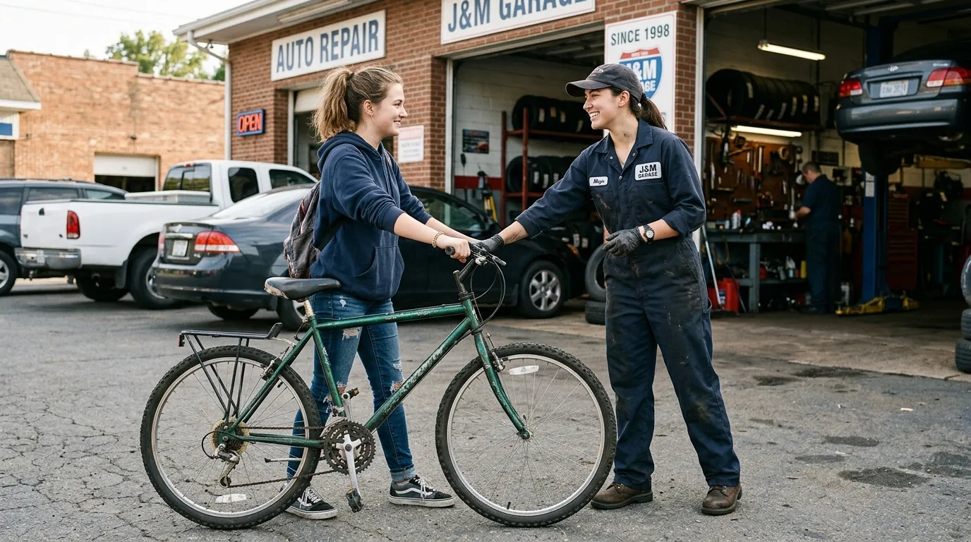 A teenage girl handing a bicycle to a female auto mechanic outside a shop.