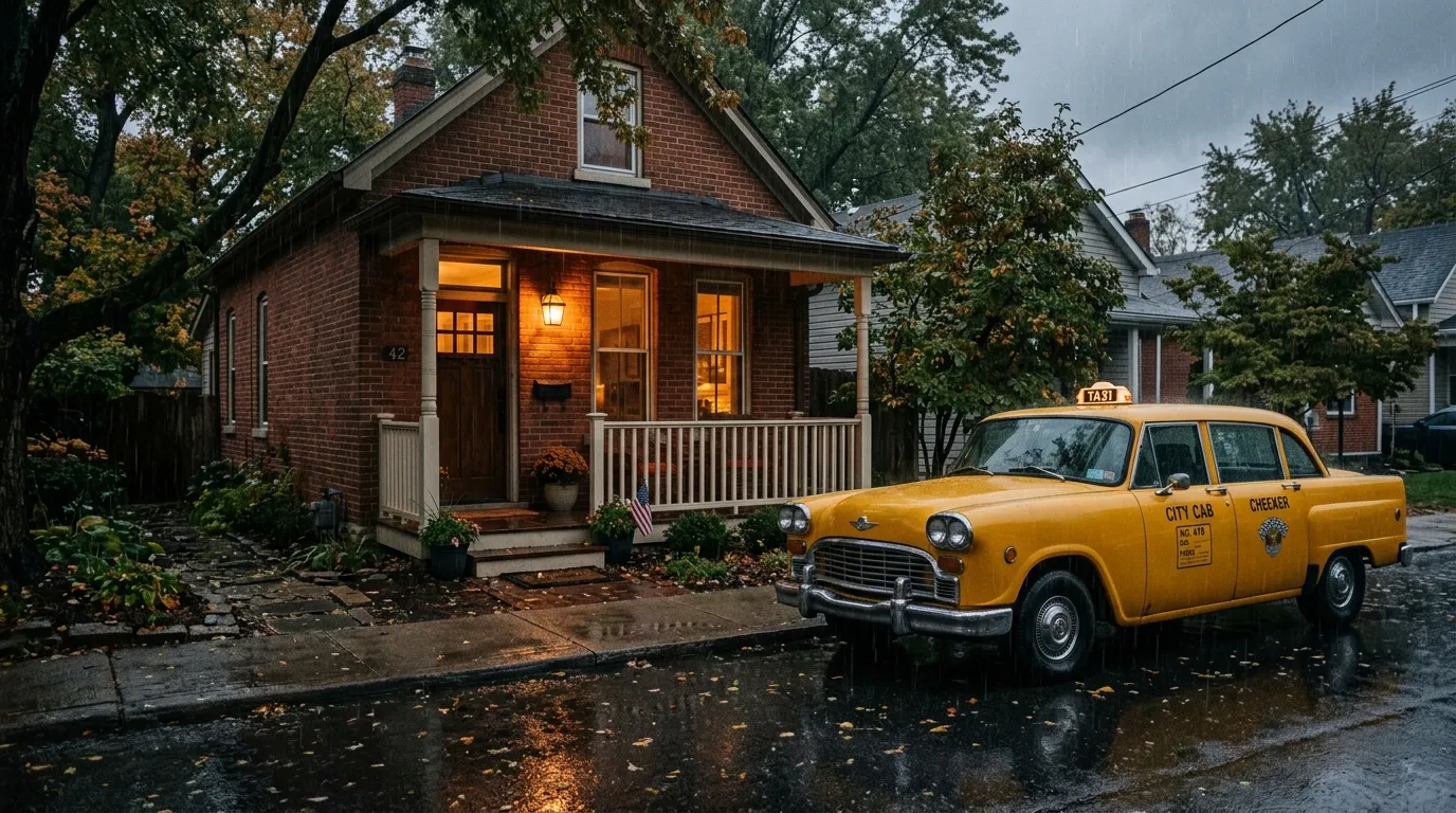 A yellow taxi parked outside a brick house on a rainy afternoon