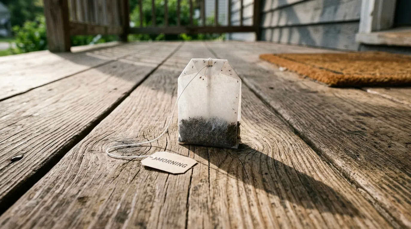 A single tea bag resting on a wooden front porch