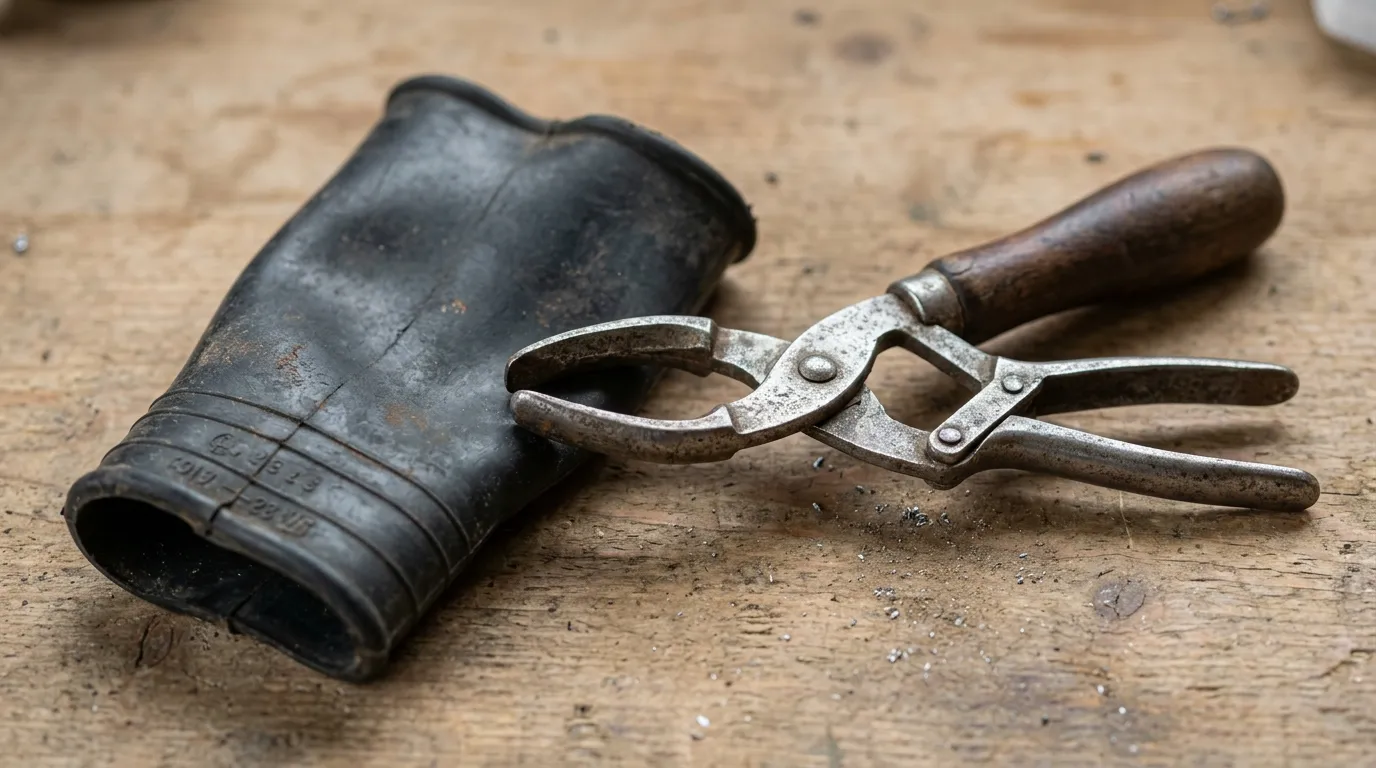 Close up of a vintage rubber teat cup liner next to the wooden-handled expanding tool.