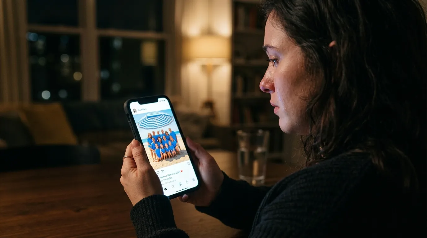 A teenager looking at a glowing smartphone screen showing a family beach photo