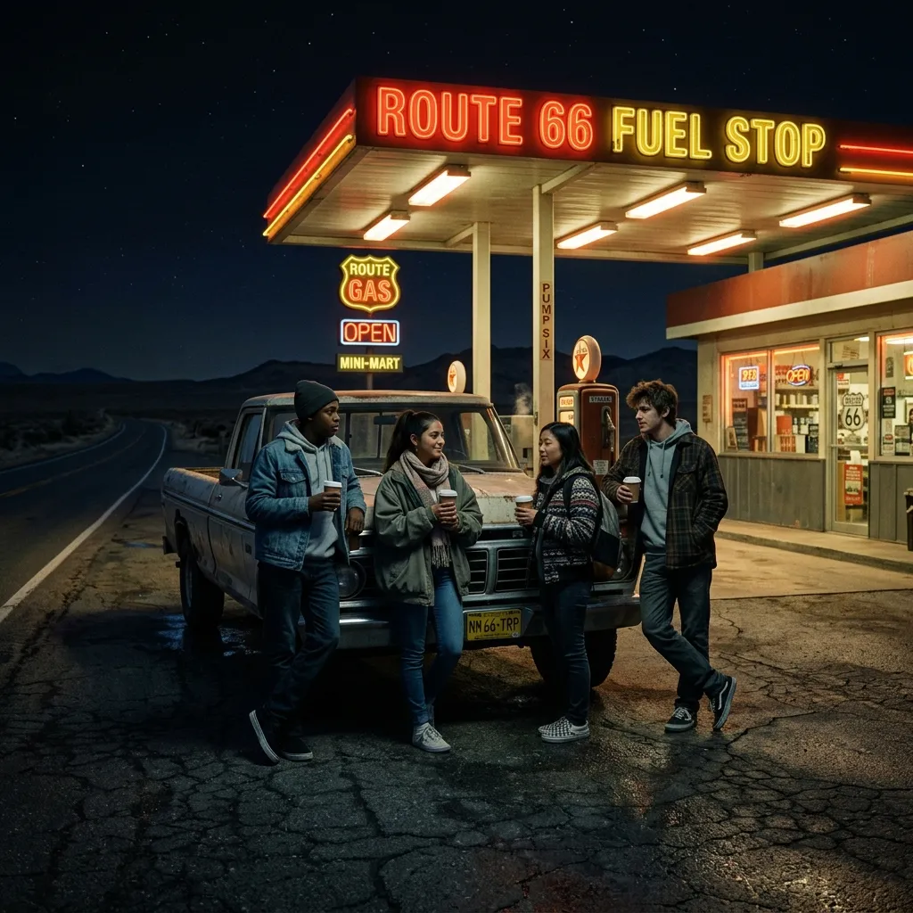 Teenagers standing outside a neon-lit gas station at midnight