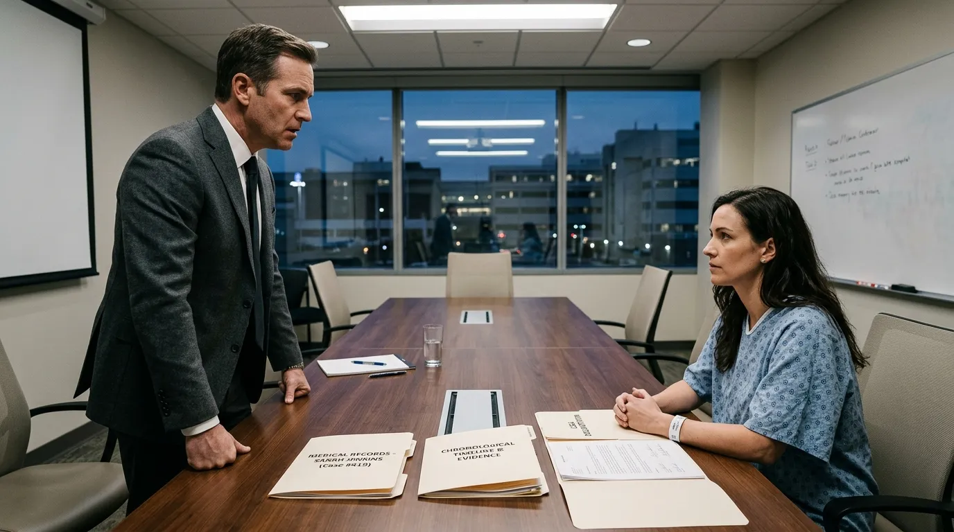A tense standoff in a meeting room, a man looking shocked as three folders are presented to him.
