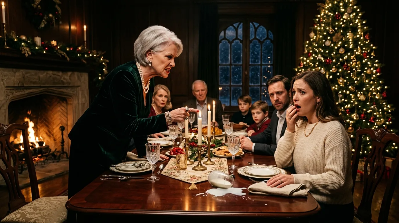 Tense family sitting at a Christmas dinner table after a spilled glass of milk