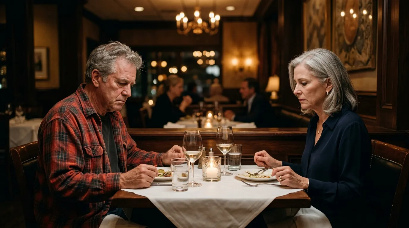 Husband and wife sitting at a dimly lit romantic dinner table, avoiding eye contact