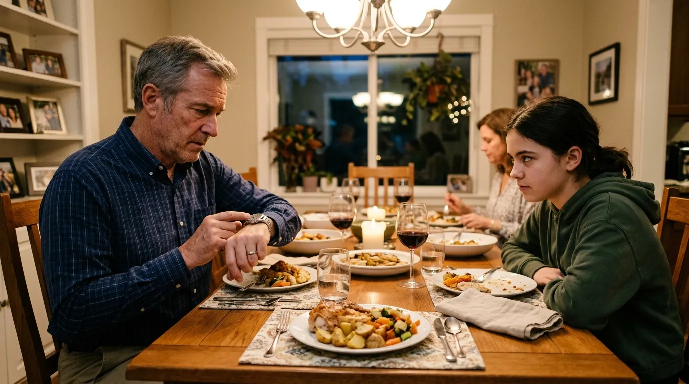 A family at a dinner table where a man is anxiously checking his watch while a teenage girl looks at him suspiciously.