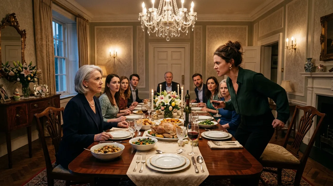Tense Easter dinner with Vanessa standing up angrily holding a wine glass while Margaret sits calmly