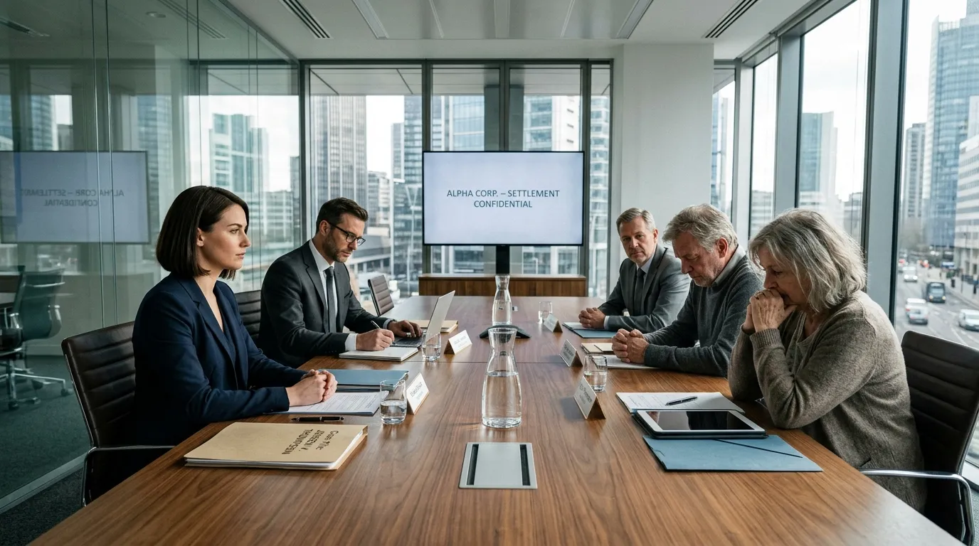 A tense meeting in a modern glass boardroom with a young woman facing off against an older couple