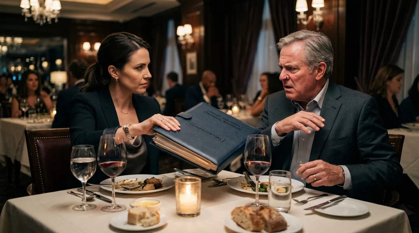 A confident woman sliding a heavy folder of financial documents across a restaurant table toward a shocked older man.
