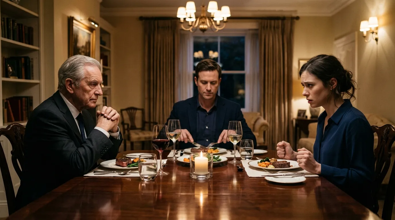A tense family dinner scene where the father asks a striking question.