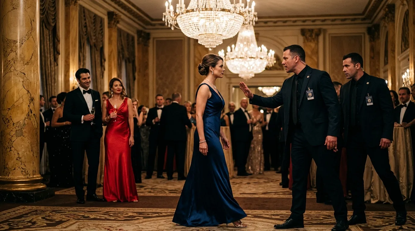 Woman in midnight blue dress being approached by security while her ex-husband smirks.