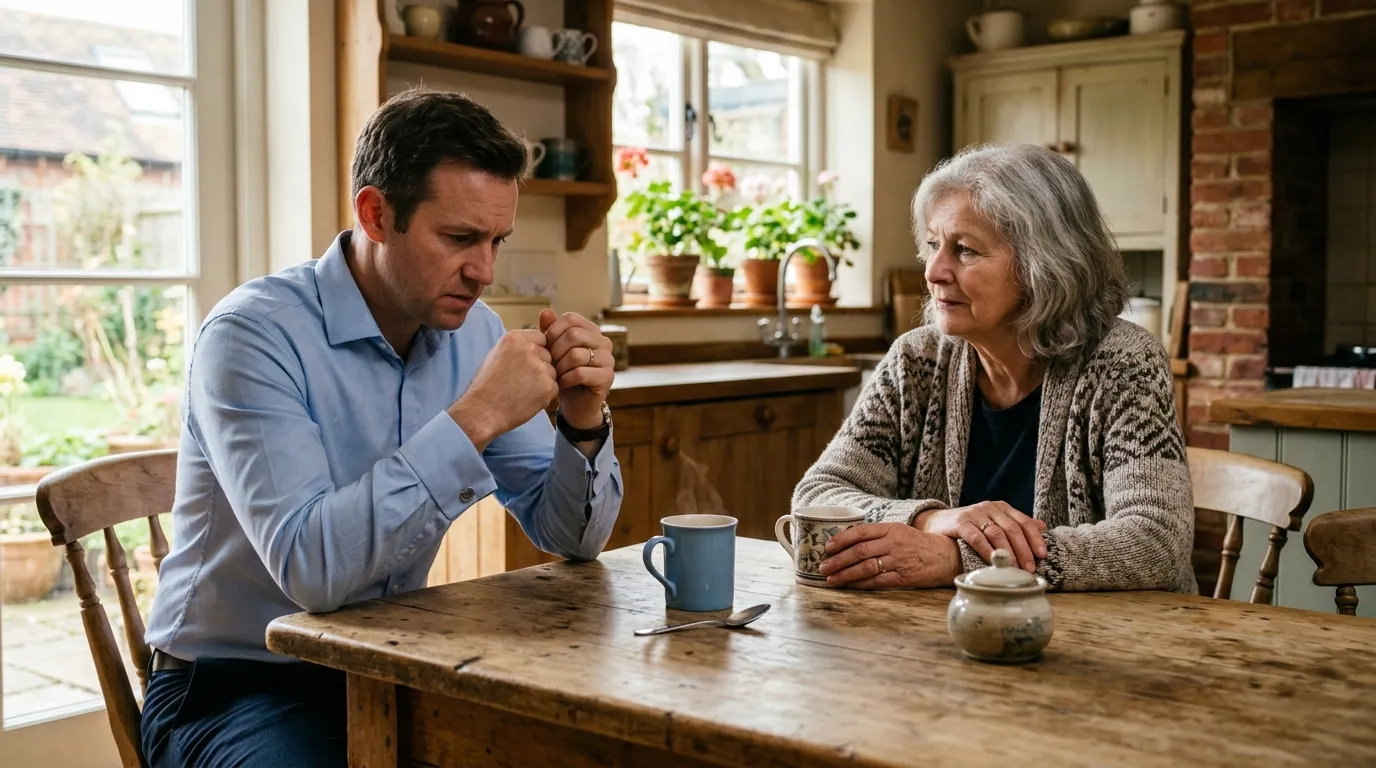 A mother and her adult son sitting across a rustic kitchen table with coffee mugs