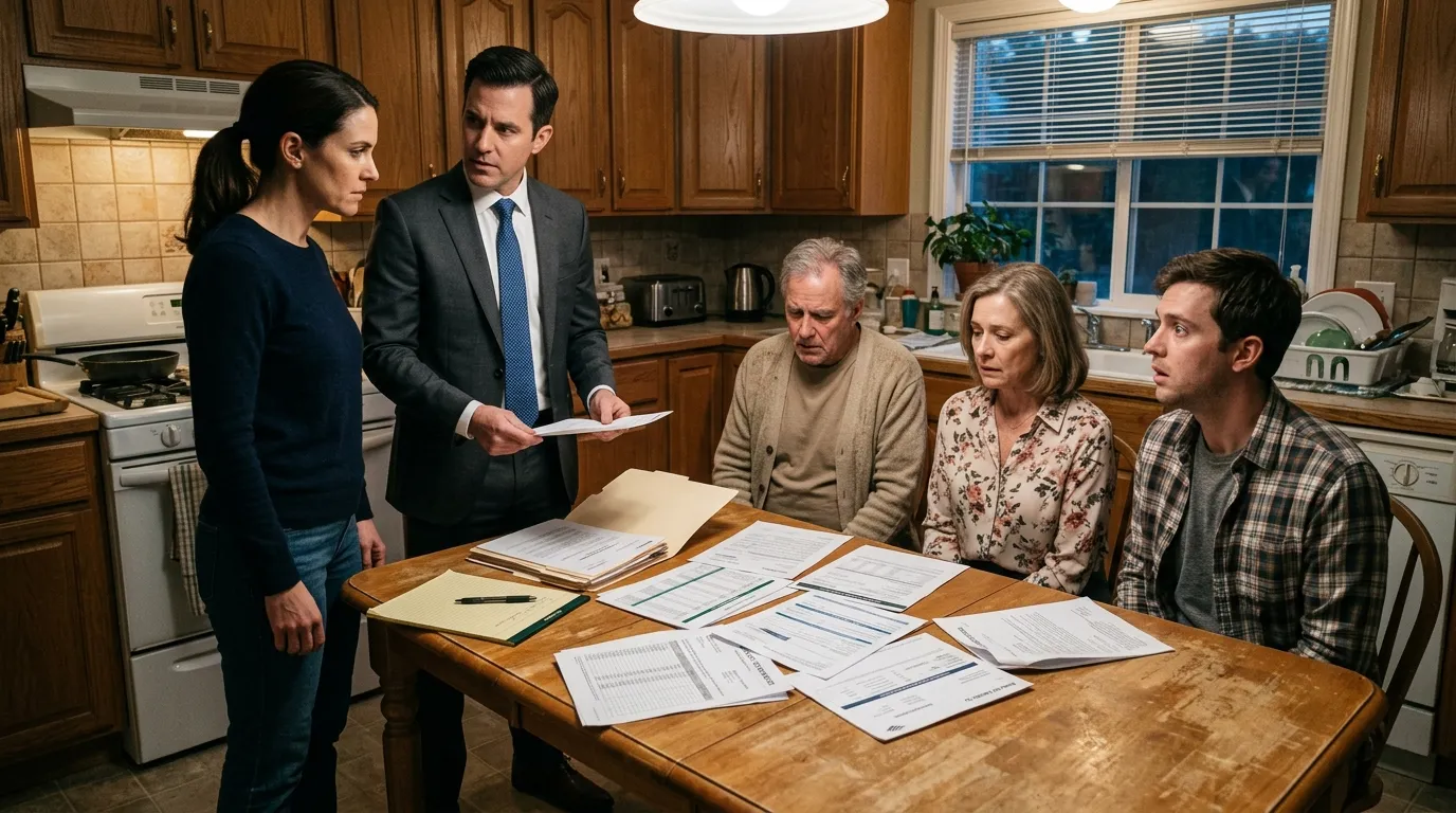 A woman and her lawyer standing across a table from her parents and brother, looking at financial documents