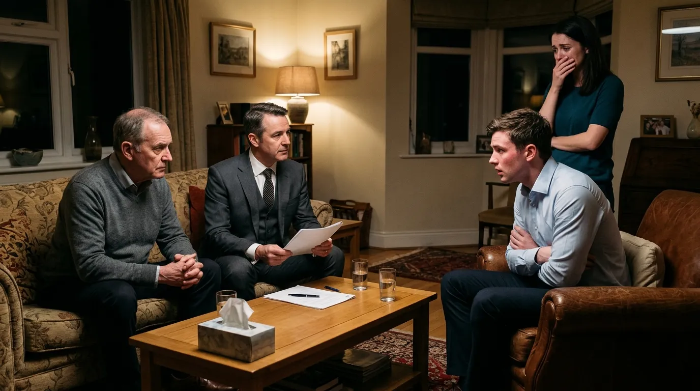A tense family intervention in a modern living room featuring an older man, a lawyer, and a young couple