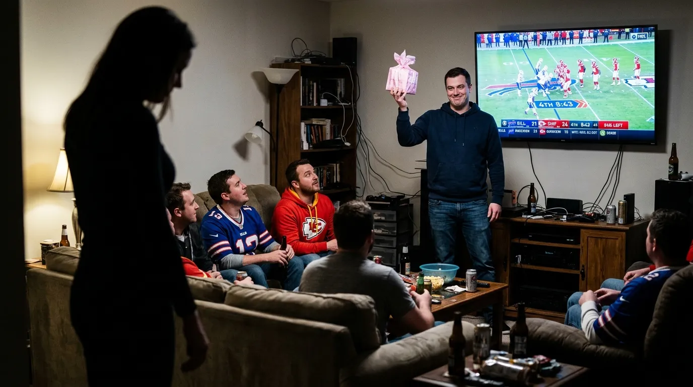 A tense watch party where one man holds up a pink package while another looks on in disgust.