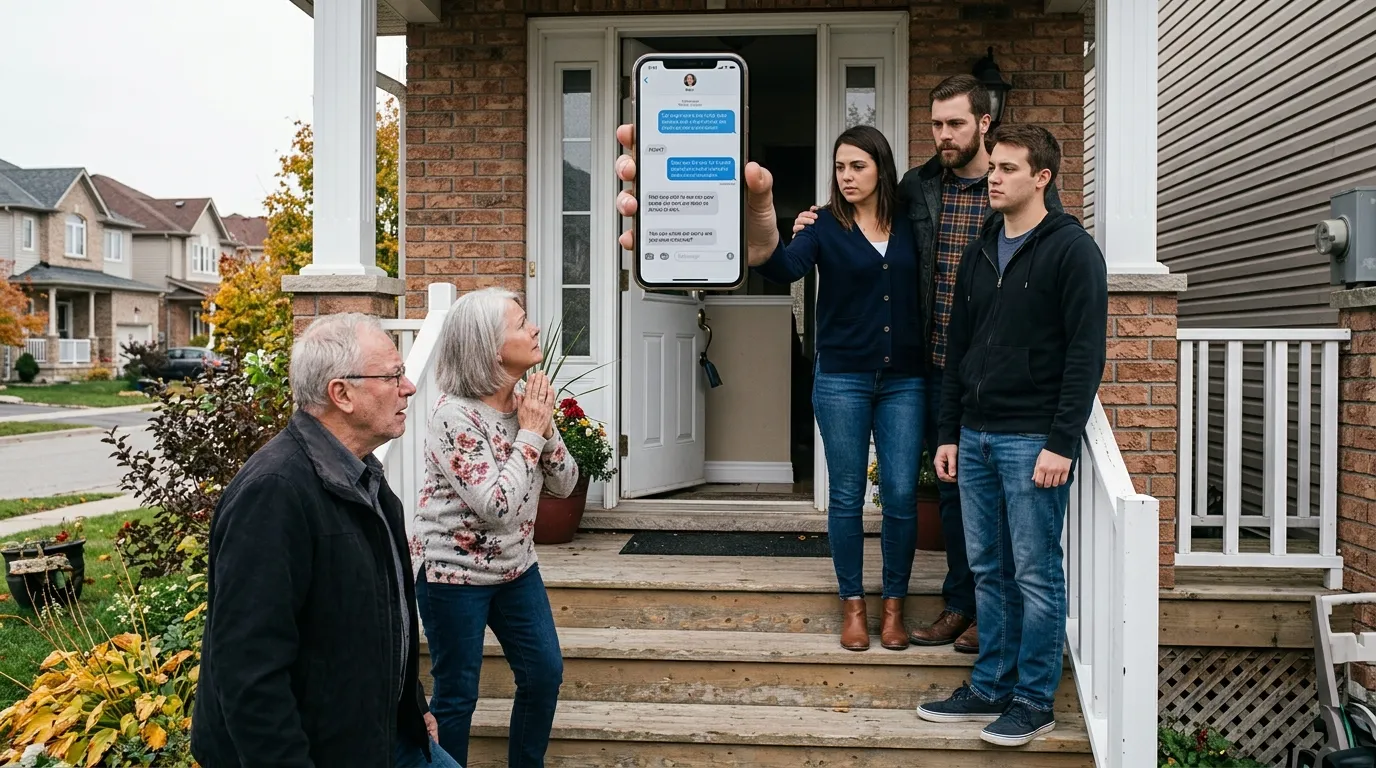 Tense family confrontation on a house porch
