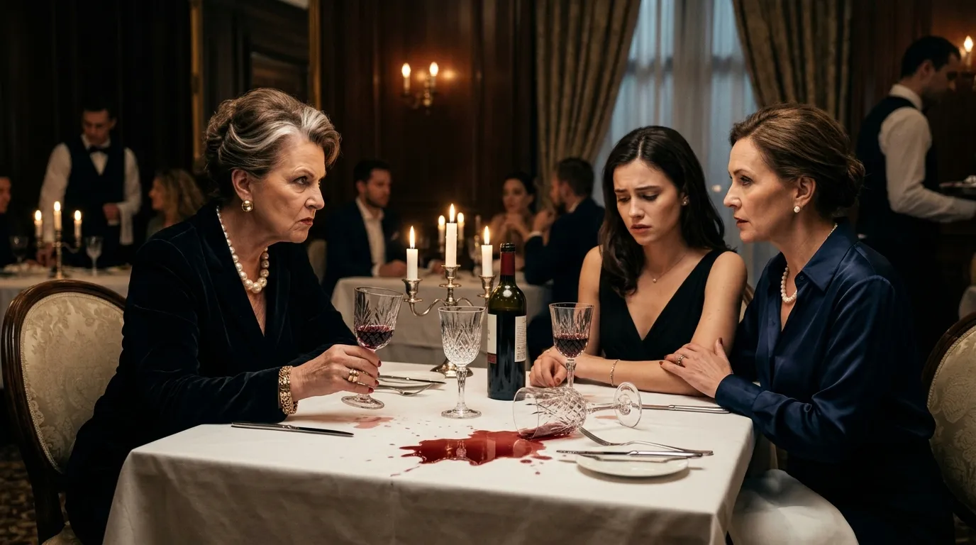 A tense standoff at a luxury dining table with a spilled glass of red wine