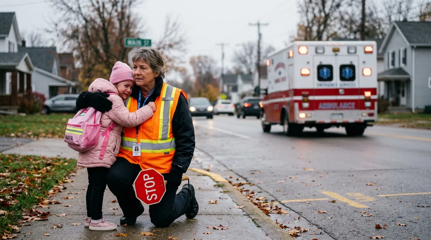 A crossing guard kneeling on the sidewalk to comfort a frightened little girl hugging her while an ambulance drives by in the background.