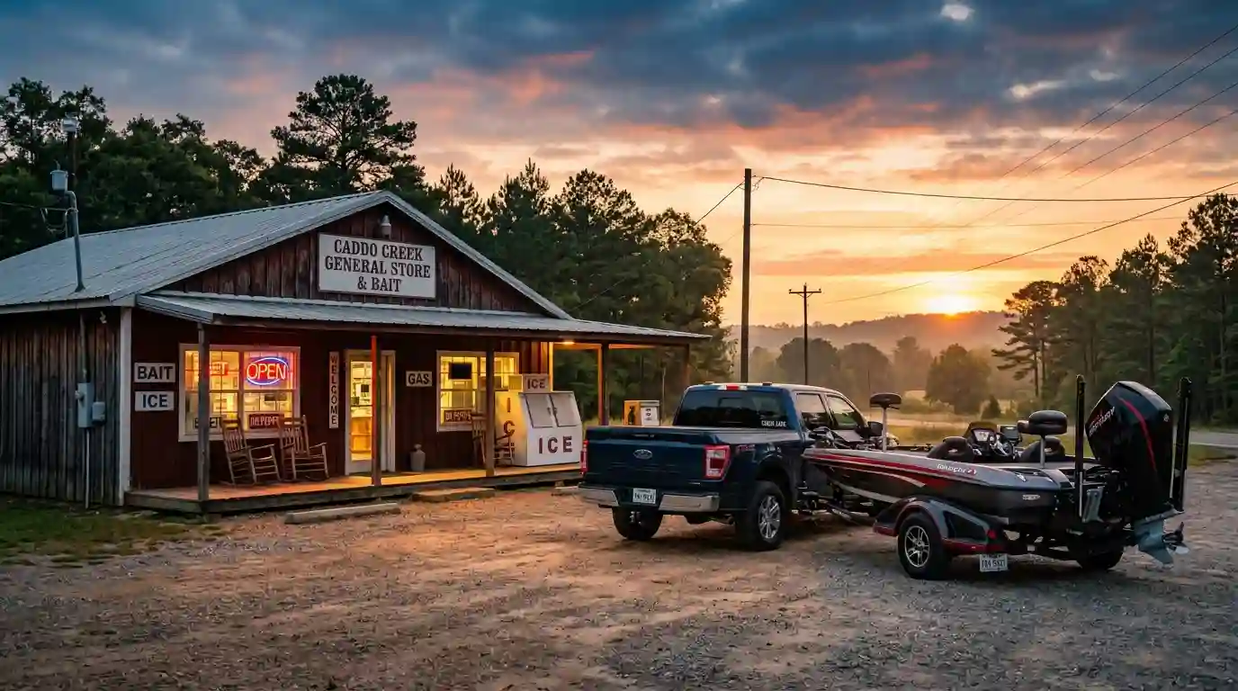 Rustic convenience store in East Texas at dawn with a fishing boat parked out front