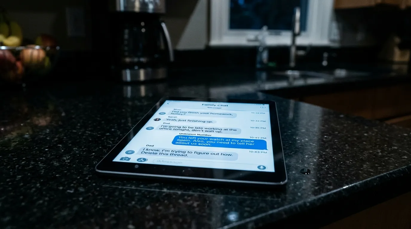A tablet screen glowing in a dark kitchen, showing text messages about selling a dog