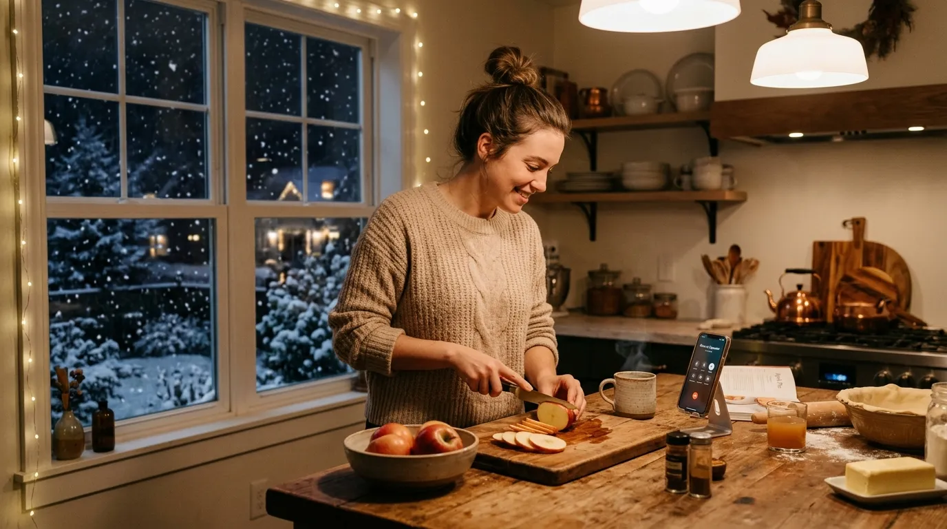 Woman casually slicing apples for pie while on a phone call