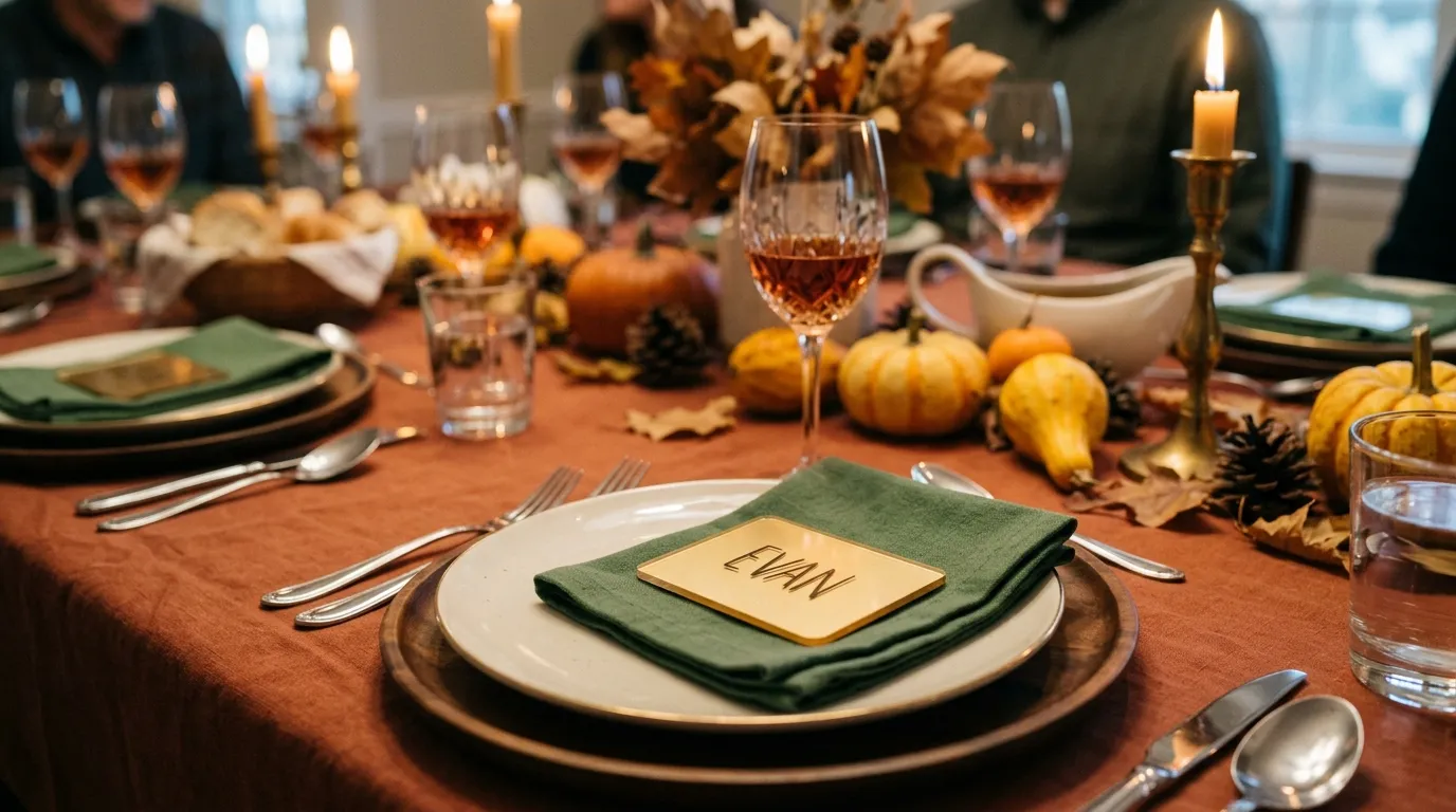 Thanksgiving table setting with a place card for Evan