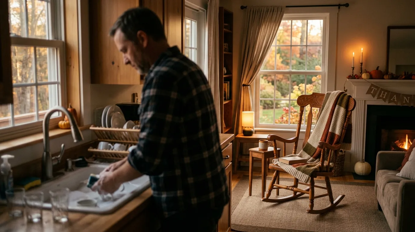 A quiet Thanksgiving evening with a man washing dishes in the background.