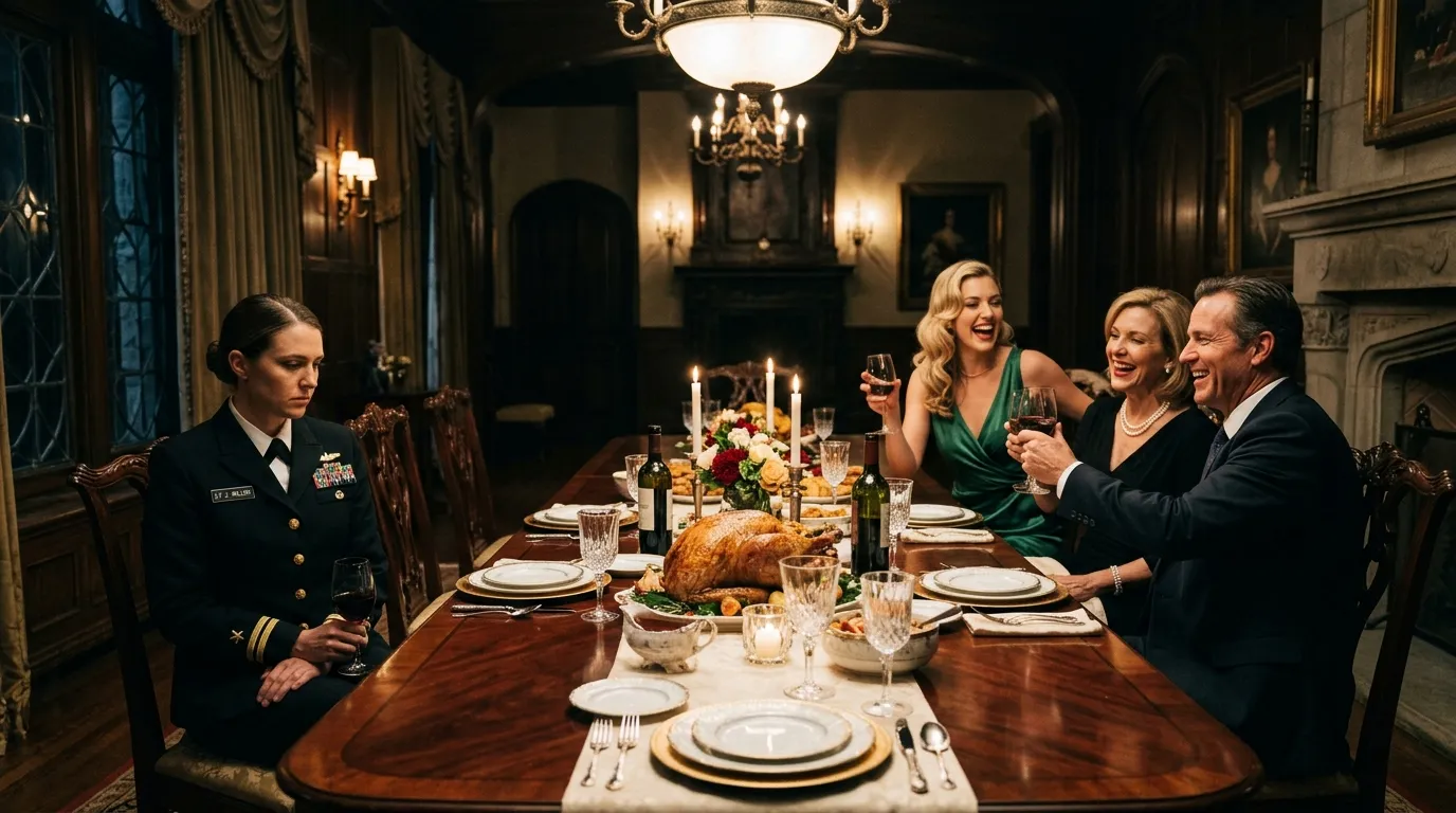 A tense Thanksgiving dinner where a Navy officer sits isolated from her wealthy family.