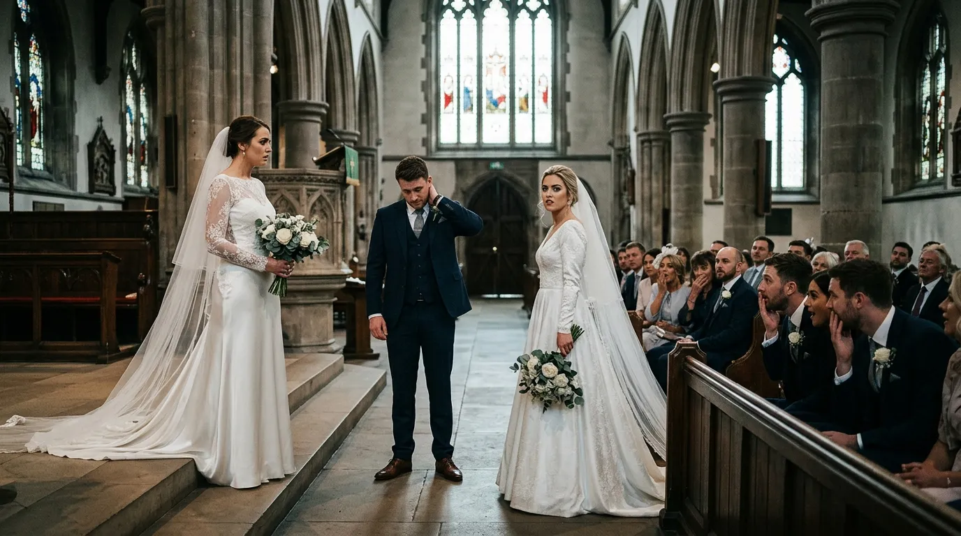 Two women wearing identical wedding dresses standing at a church altar