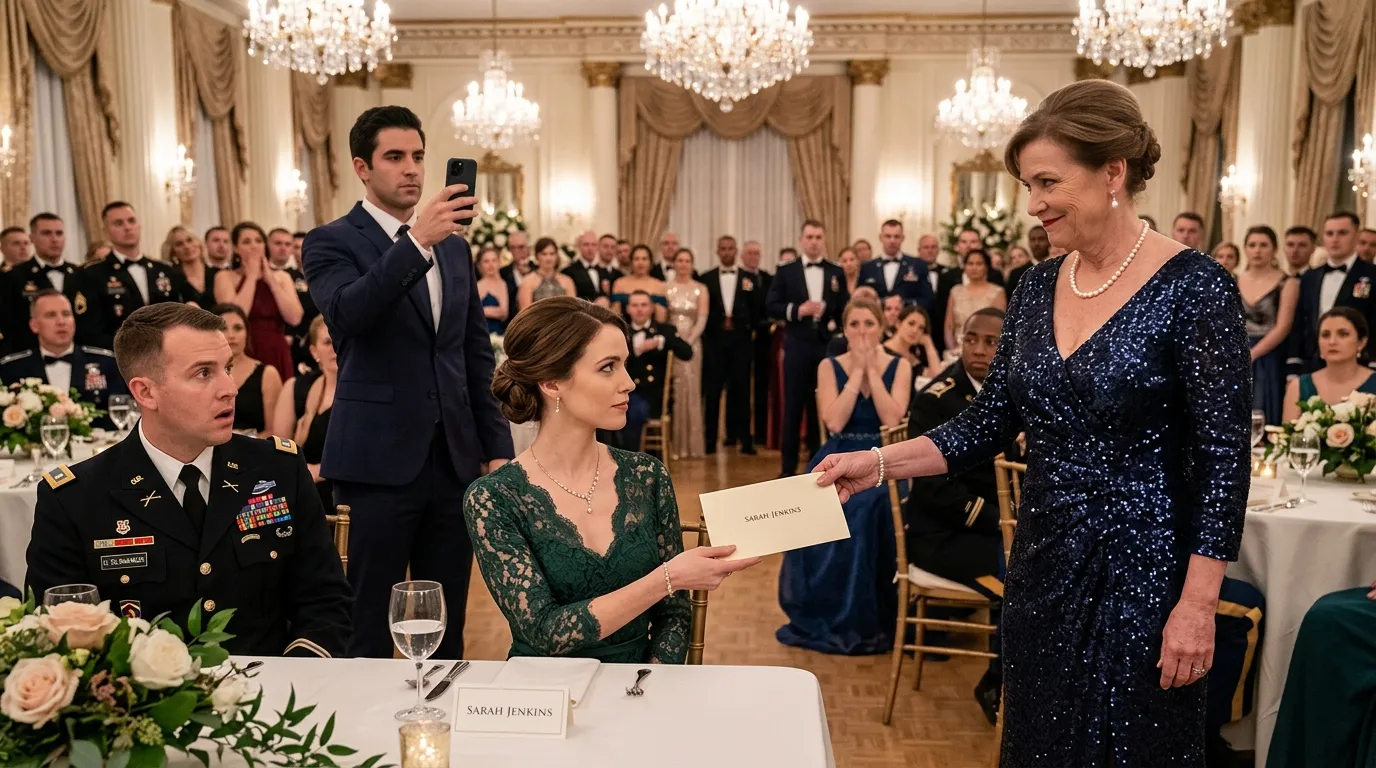A smug older woman in a navy dress hands an envelope to a seated woman at a formal military ball while a man films her.