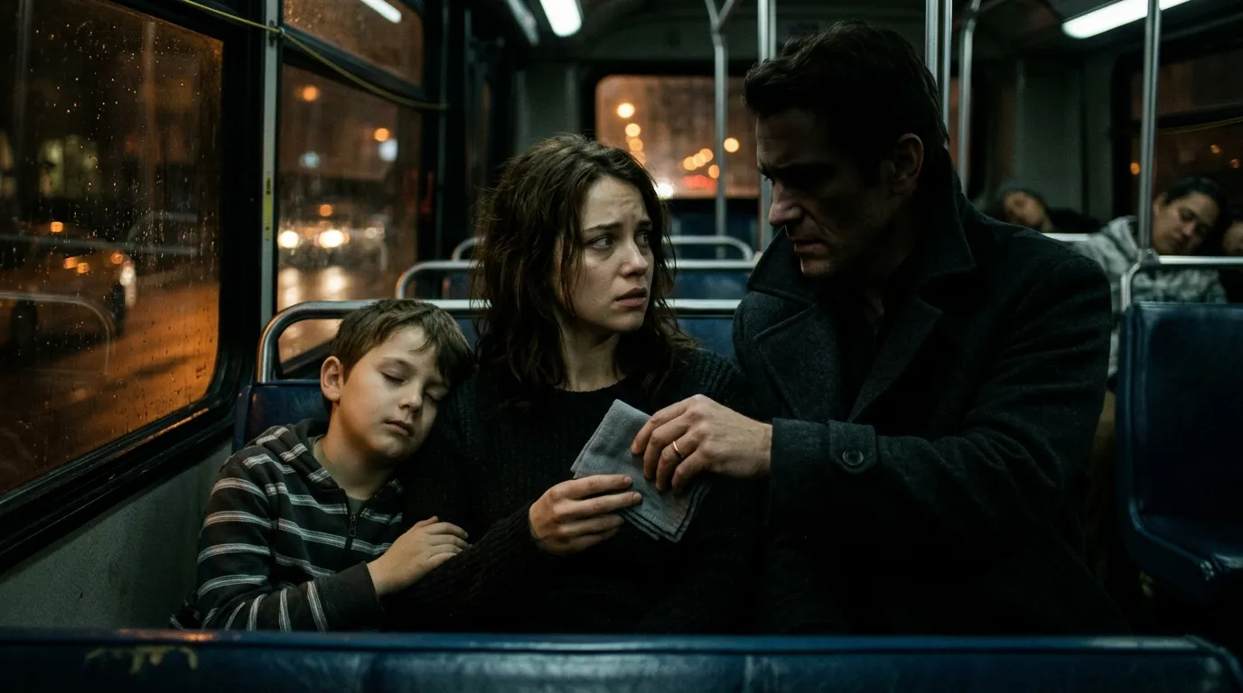 A mysterious man slipping a handkerchief to an anxious young woman on a bus