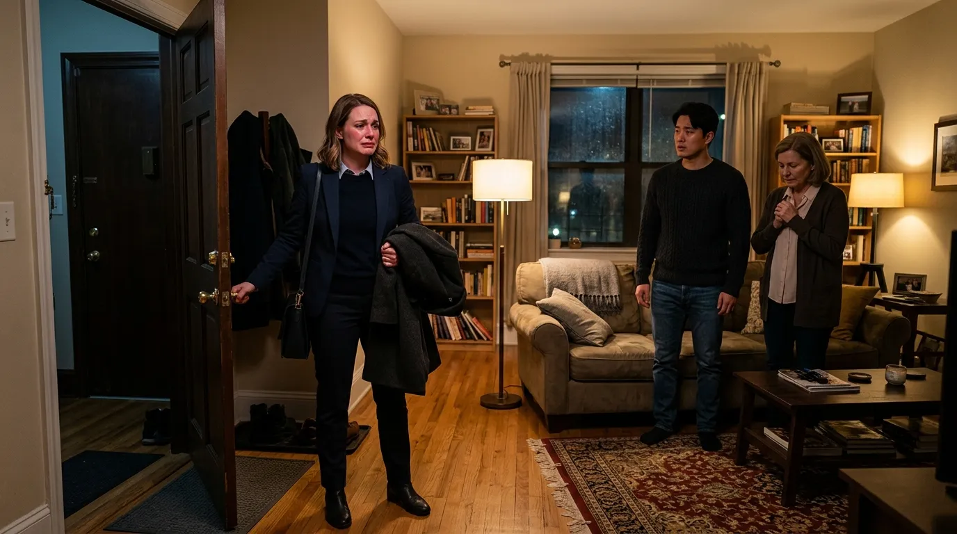 A tense living room scene where a young woman confronts her husband and mother.