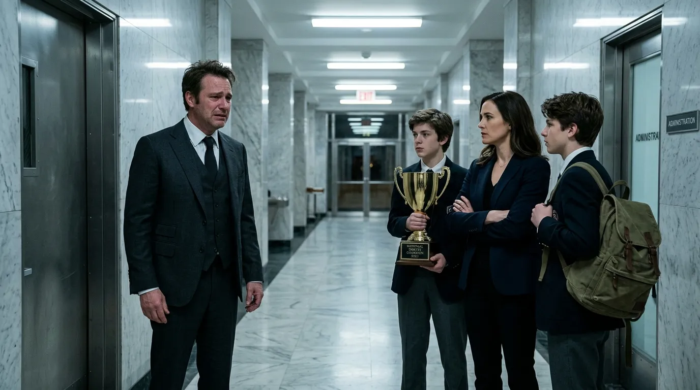 A tense standoff in a polished marble corridor. A wealthy man facing a calm woman with two teenage twin boys holding a grand trophy.