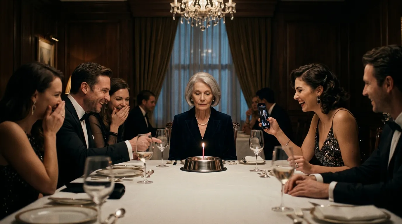 A dignified 70-year-old woman sitting in front of a dog food bowl with a lit candle while younger adults laugh.