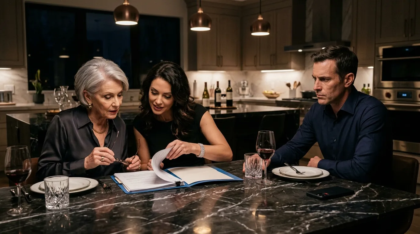 Tense family dinner with mother and sister looking greedily at a folder while the man secretly records them