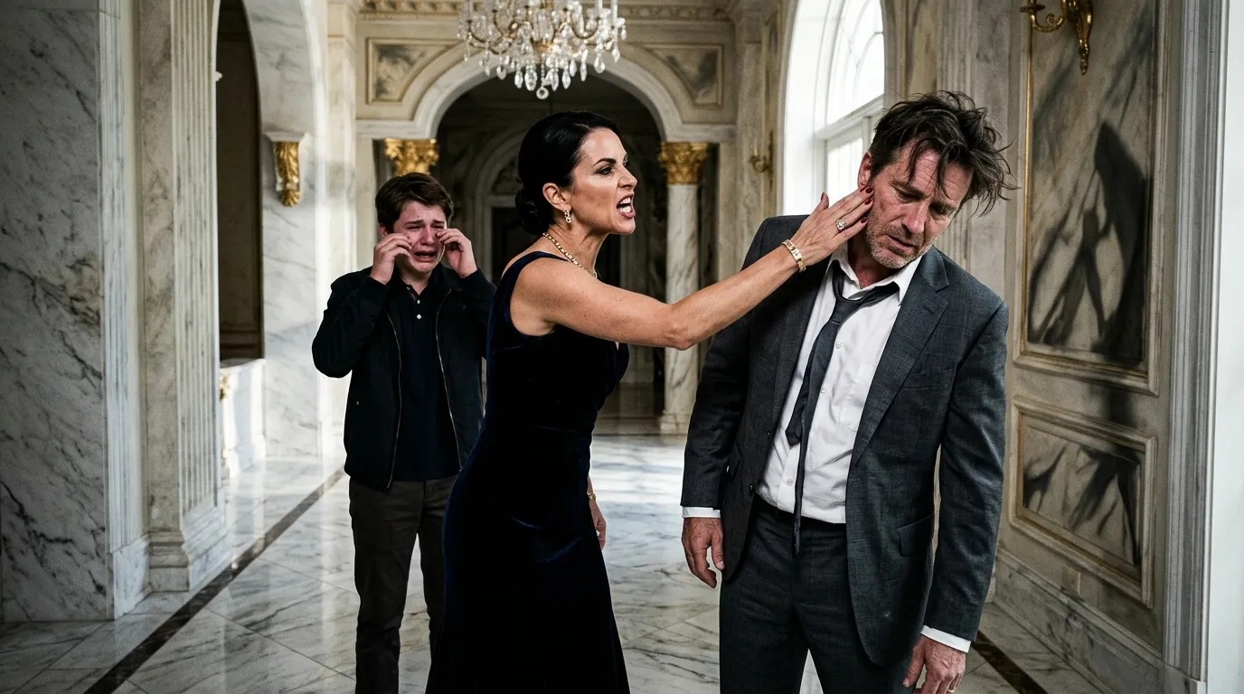 A dramatic shot of an angry wealthy woman in a designer dress slapping a defeated man in an expensive suit in a marble hallway.