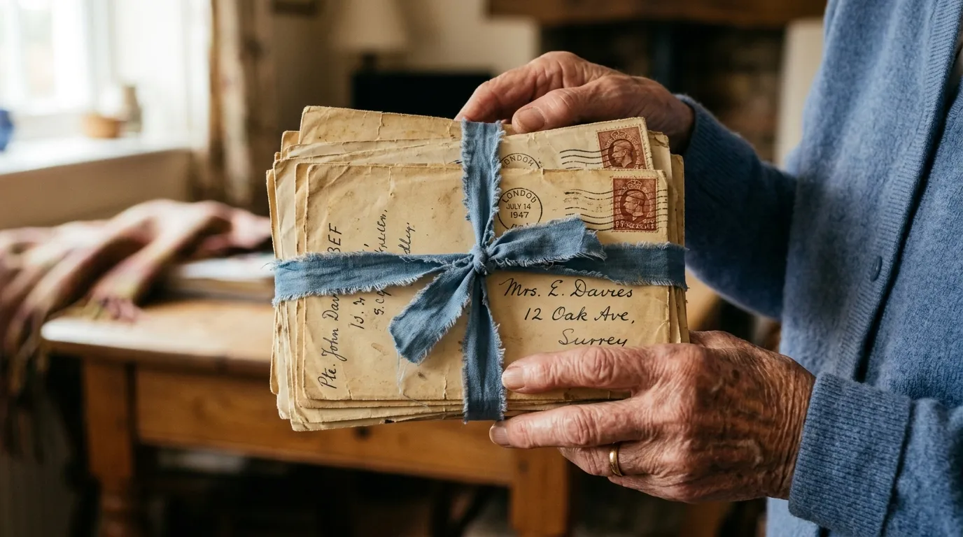 Elderly hands holding old letters tied with a blue ribbon