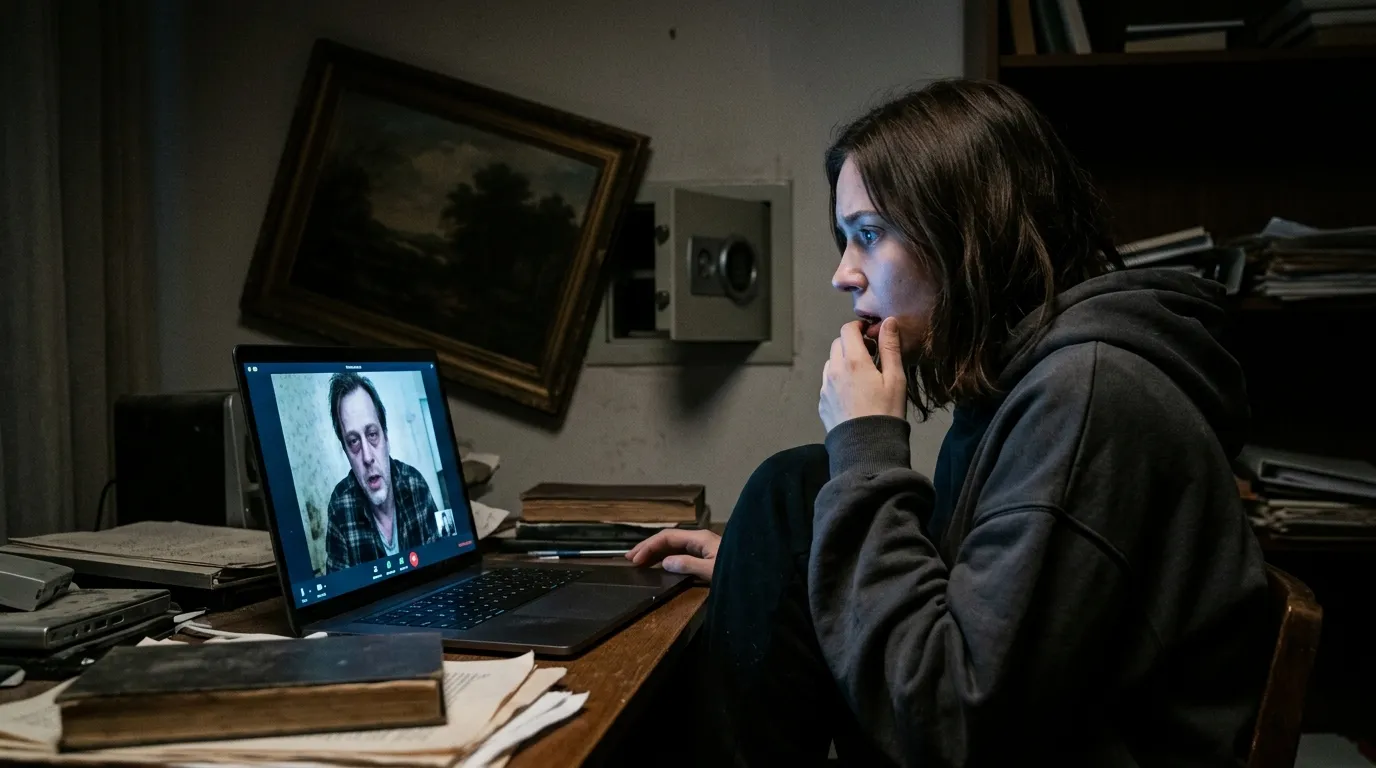 A woman watching a shocking video on a laptop in a dusty home office