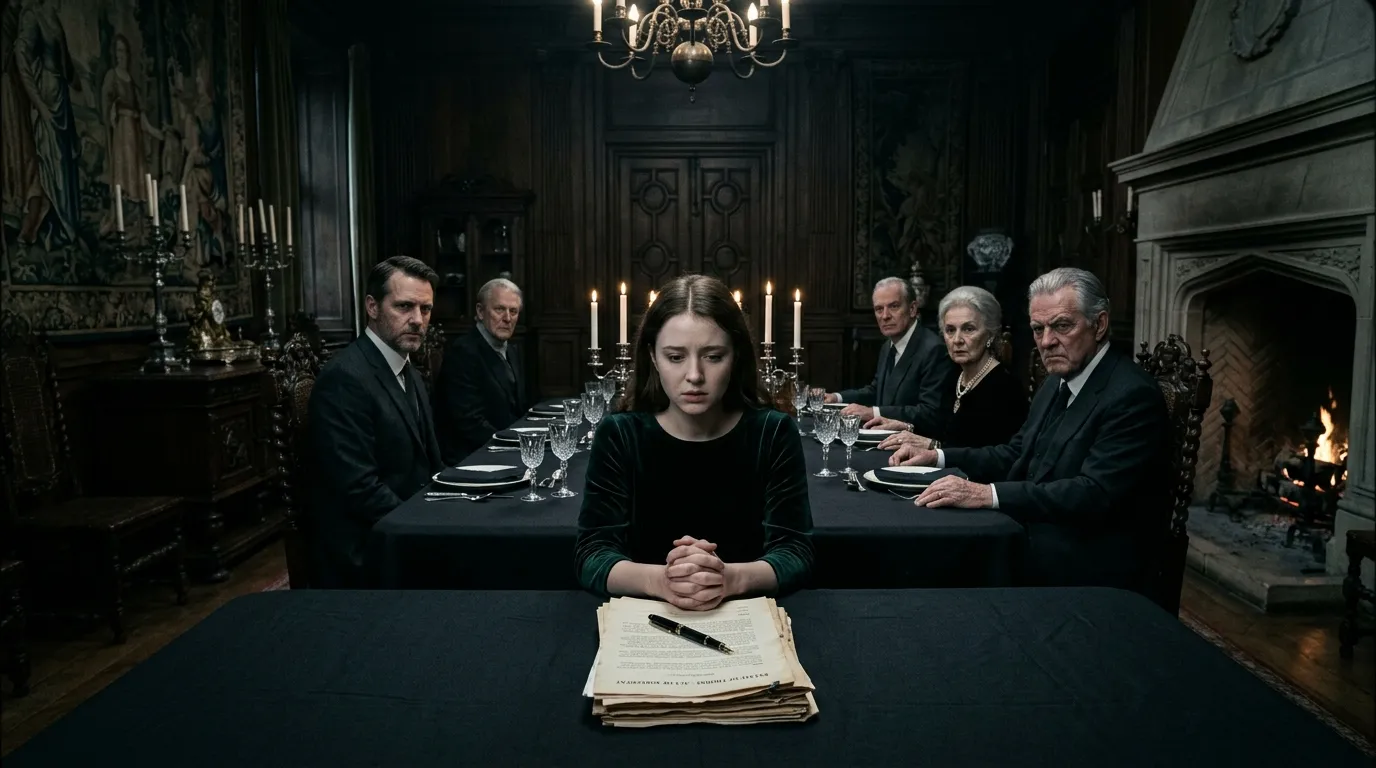 A young woman sitting tensely at a long dining table surrounded by intimidating relatives