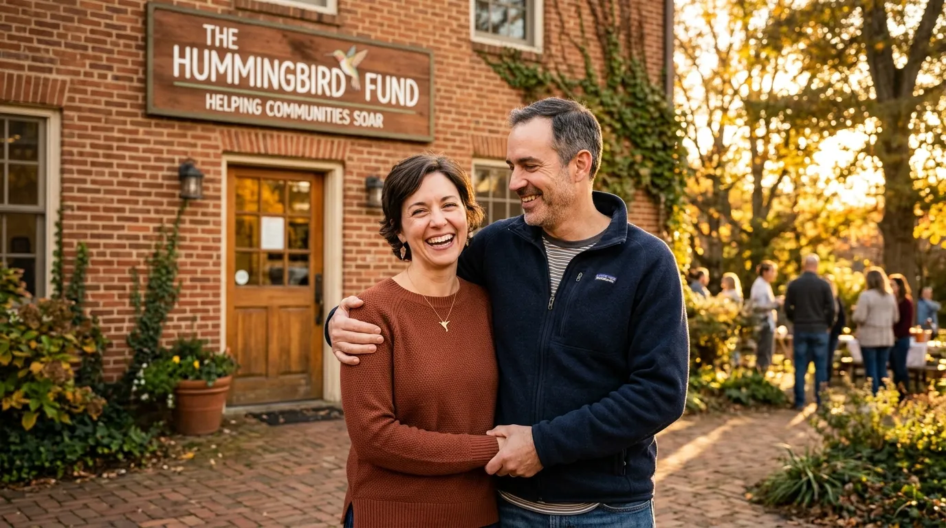 A smiling woman with short hair and a hummingbird necklace standing by her husband in front of a brick building called The Hummingbird Fund