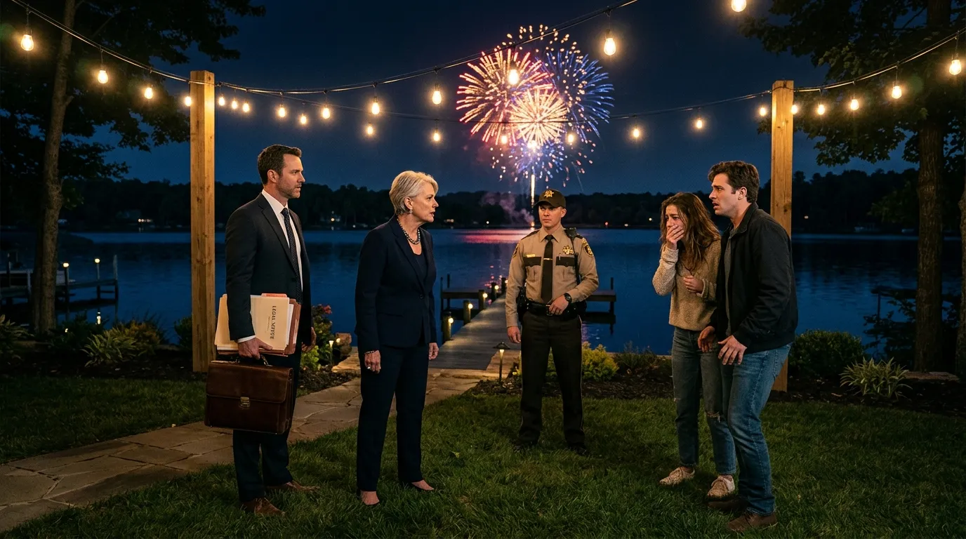 An older woman stands confidently flanked by a lawyer and a police deputy, confronting a shocked younger couple.