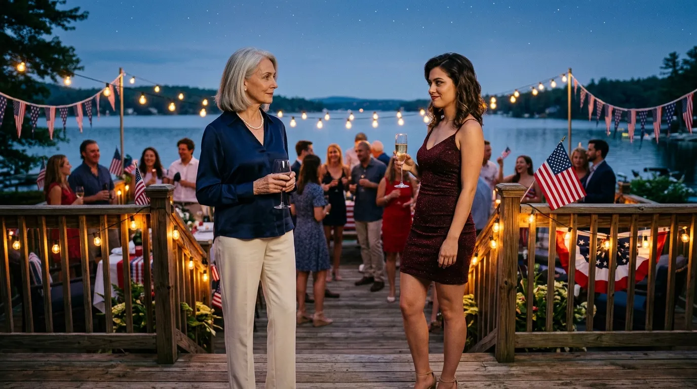 An elegant older woman stands on a beautifully decorated cedar deck at dusk, looking quietly at a younger, smug woman.
